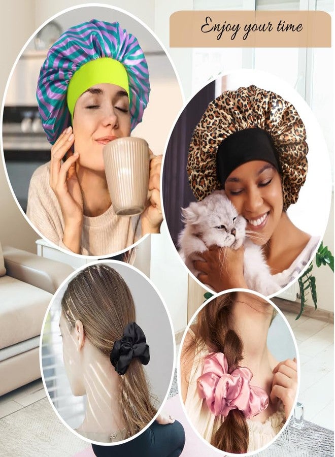 Heniho 3+3 Large Satin Bonnets with Scrunchies for Women, Wide Band Hair Bonnet for Sleeping Braids Curly Hair, F - Image 5
